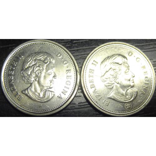 25 центів 2006 Канада (два різновиди) різні мітки під портретом Королеви