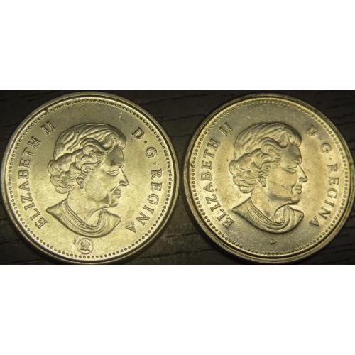25 центів 2006 Канада (два різновиди) різні мітки під портретом Королеви