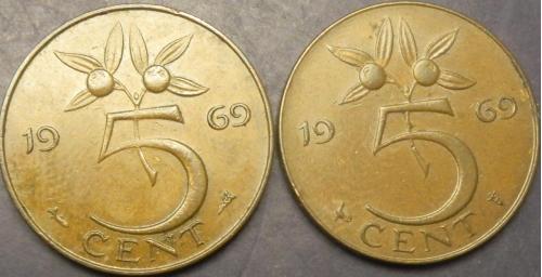 5 центів 1969 Голандія (два різновиди) рибка і півень