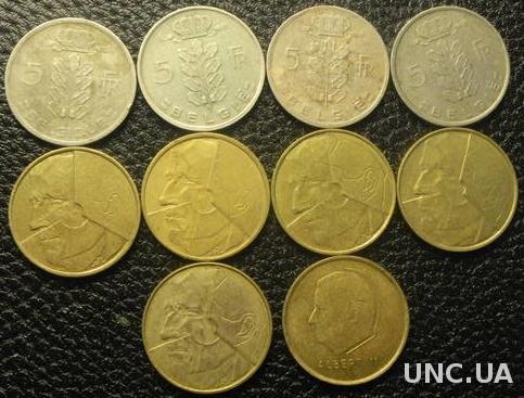 5 франків Бельгія (порічниця з 1949р) 10шт, всі різні