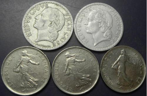 5 франків Франція (порічниця), 5шт, всі різні
