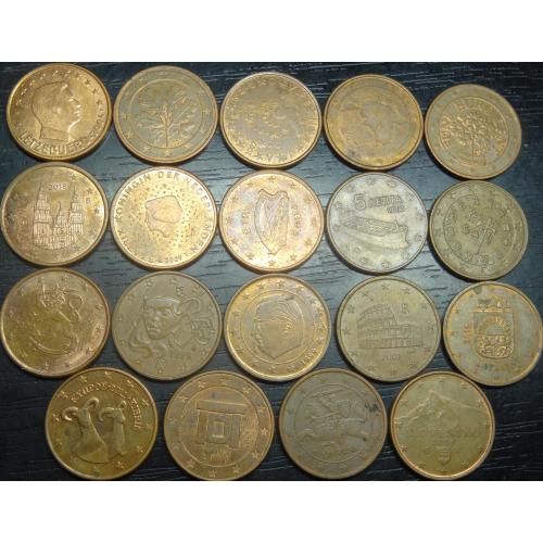 5 євроцентів різних країн Євросоюзу (комплект), 19шт, всі різні