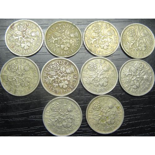 6 пенсів Британія (порічниця), 10шт, всі різні