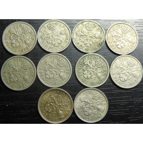 6 пенсів Британія (порічниця), 10шт, всі різні