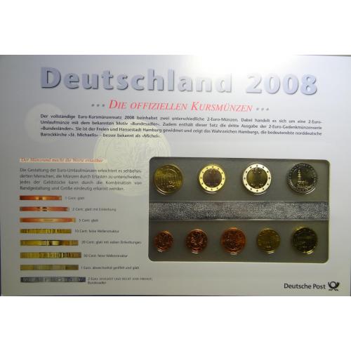 Комплект євромонет Німеччини 2008 J (повний комплект+ювілейна) UNC