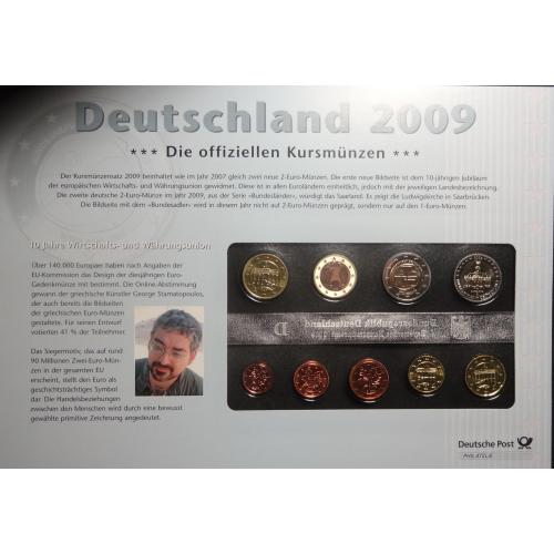 Комплект євромонет Німеччини 2009 D (повний комплект+ 2 ювілейні) UNC