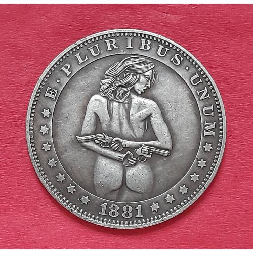 Доллар США 1881 г. "Девушка с оружием"". Hobo nickel.