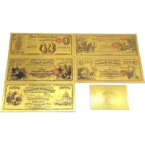 Набор золотых банкнот ДОЛЛАРЫ США (5 шт.+сертификат).
