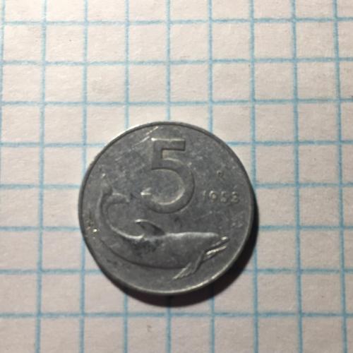 Монета Италия 5 лир 1953 года