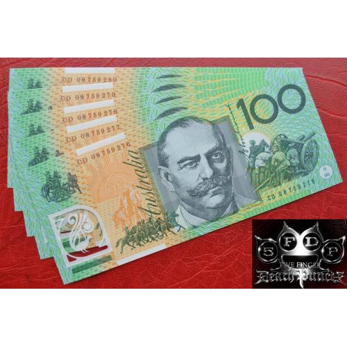 100 долларов 2008 г. Австралия ⋙ UNC пресс _______ Серийные номера подряд !!! ________ Полимер