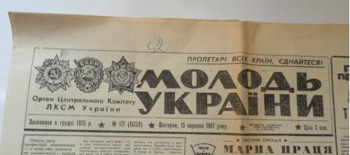 газета Молодь України № 177 (15759) Вівторок 15 вересня 1987. 0118