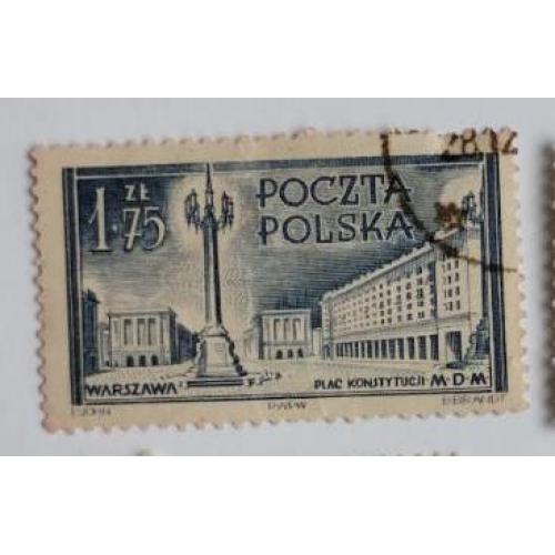 Польша 1953г марка Реконструкция Варшавы. Площадь Конституции. Архитектура Гашен. 1.75Zl