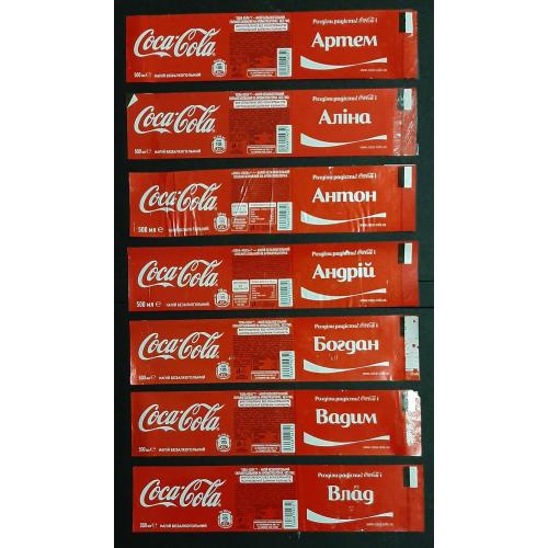 Этикетки Coca Cola Имена  7 шт. 0,5 л.