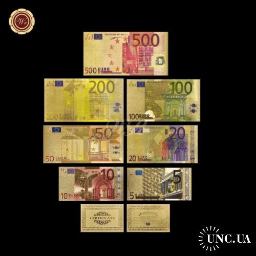 Европа 5 10 20 50 100 200 500 евро 2002 золотые банкноты, набор 7 шт. Идеальные АНЦ