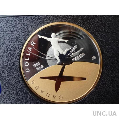Канада доллар серебро 2009 100-летие первого полета в Канаде  Пруф, позолота