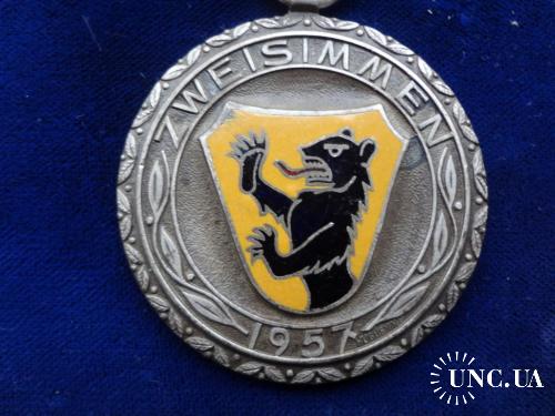 Швейцария стрелковая медаль 1957 кантон Берн, г. Цвайсиммен. Герб