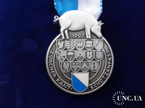 Швейцария стрелковая медаль 1997 кантон Цюрих, округ Аффольтерн. Свинья над гербами округа