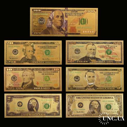 США 1 2 5 10 20 50 100 долларов 2009 золотые банкноты, набор 7 шт. Идеальные АНЦ