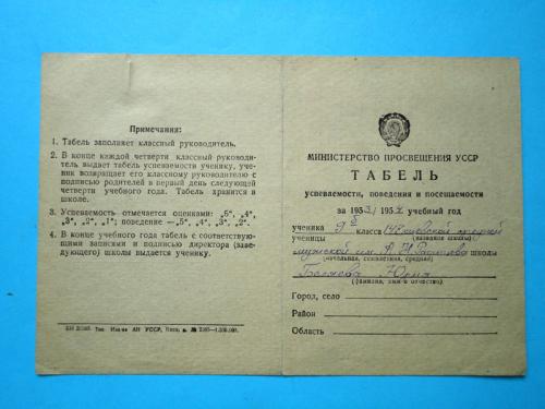 Табель успеваемости ученика 9 класса Киев 1953-1954г.