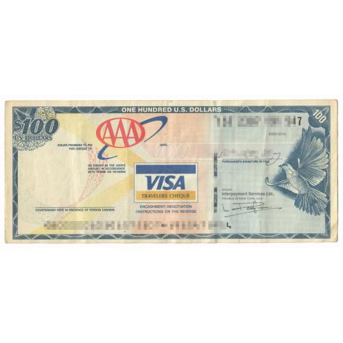Дорожный чек travelers cheques VISA 100 US Dollars AAA