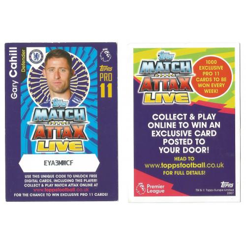 Футбольные карточки Gary Cahill Match Attax Live / Club Together 2016 2017 Live Code Card Limited Ed