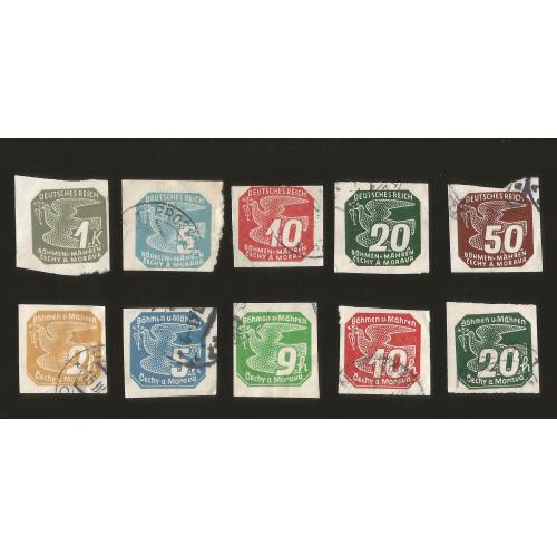 Германия Рейх Богемия и Моравия 1939–1940 Газетные марки «Голубь» 10 шт. разные номиналы, гашёные