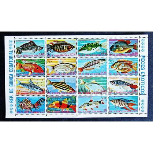 Марки Гвинеи 1975 г. Рыбы. Лист, 16 марок.