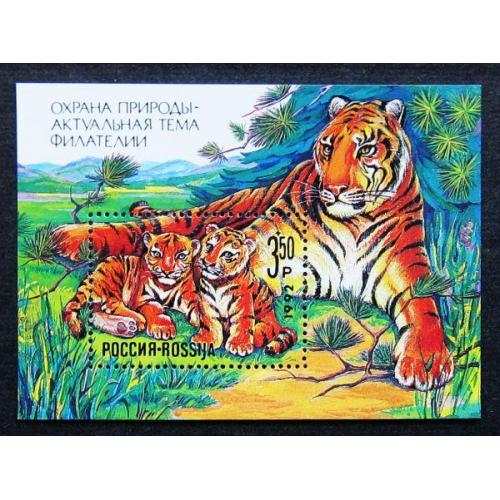 Марки России 1992 г. Охрана природы. Уссурийский тигр.  Блок. MNH