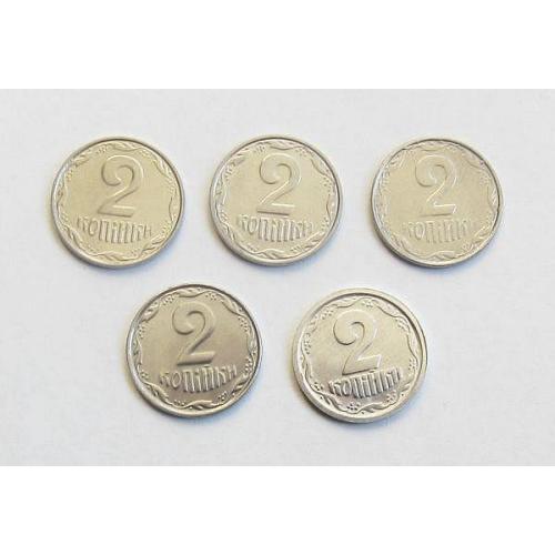 Монета 2 копейки 1994, 2005, 2007-2009 (не были в обращении), 5 шт., Украина