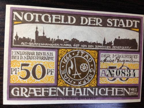 Нотгельд 50 пфенингов  - Германия. Gräfenhainichen. 1921 г.