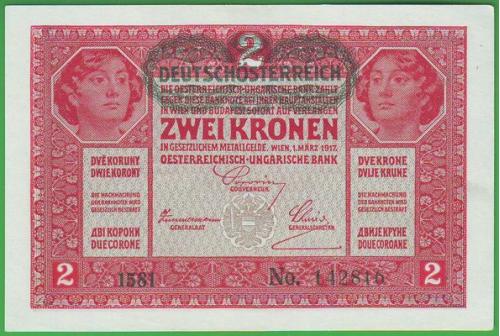 Банкнота 2 крони 1917(19)г. Австро-Венгрия. UNC  Надпечатка