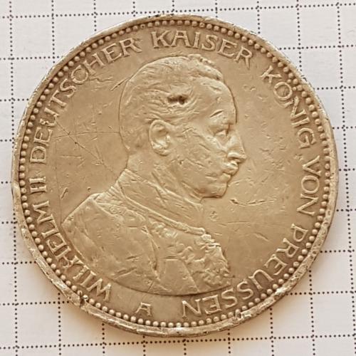 Монета 5 марок 1913 года А Вильгельм ІІ, серебро Пруссия