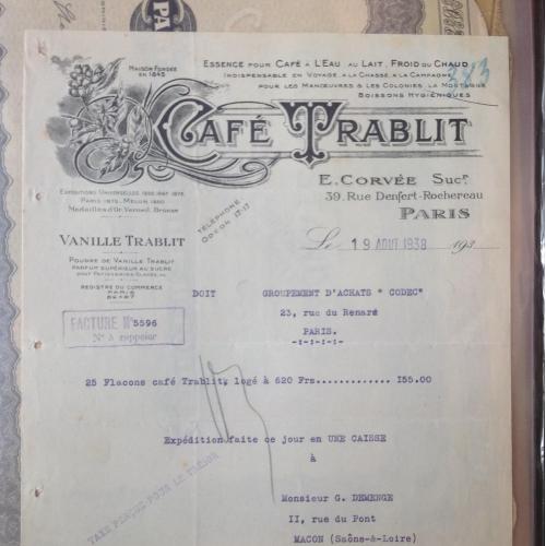 Счёт французское кафе Траблит 1938 год. 