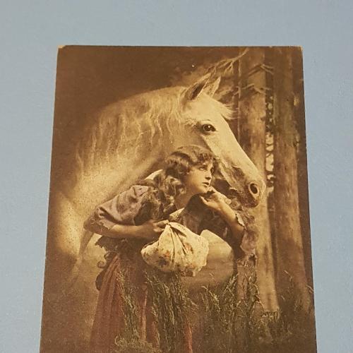 Старинная фото открытка Девушка и дошадь