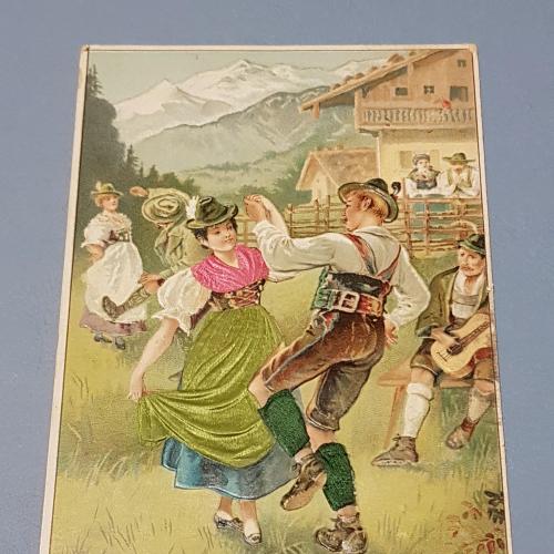 Старинная открытка Танец, детали одежды из шёлка