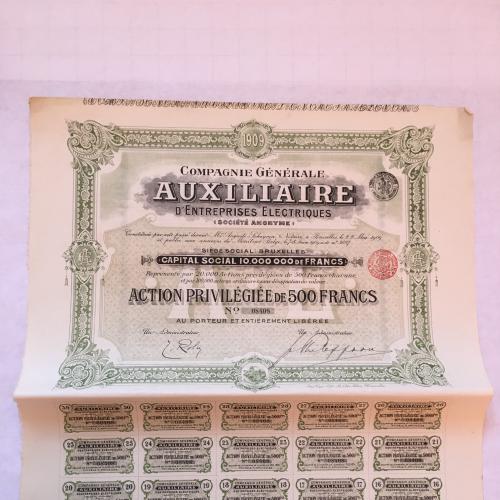Compagnie Generale Auxiliaire d'Enrerprises Electriques - action de 500 francs - 1909