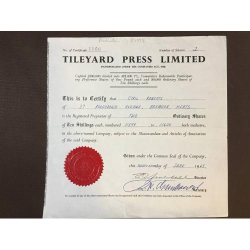 Tileyard Press  Limited  - Сертификат - Англия, 1963 г.