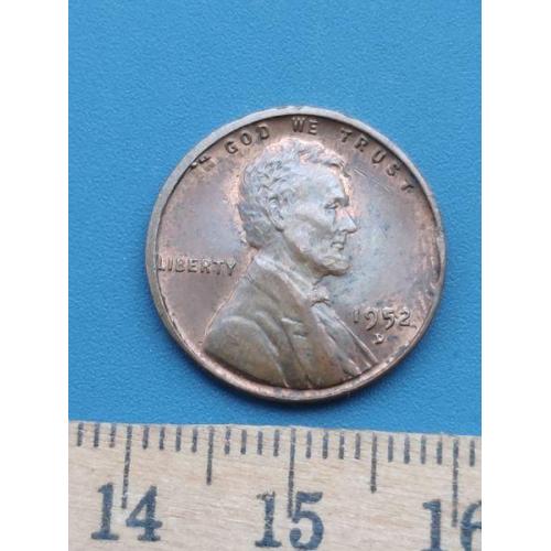 США - 1 цент 1952 год - Монетный двор , буква ( D ) . Б/У .