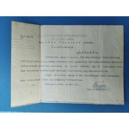 Венгрия - Документ - Справка - Будапешт - Иршава - 1944 года . Западная Украина - Б/У .