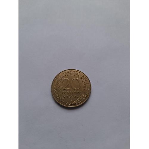 20 сантимов, 1992 Монетное отношение аверс/реверс (180°)