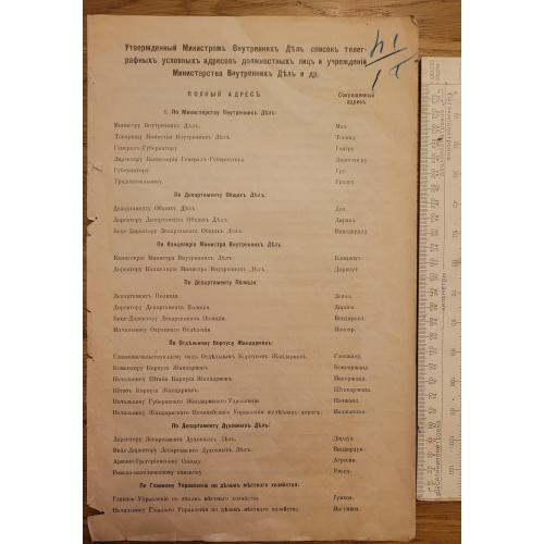 Список телеграфных адресов должностных лиц МВД до 1917 года