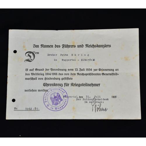 Наградной лист.  Почётный крест Первая мировая война 1914 - 1918 г
