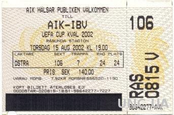 билет AIK Stockholm, Sweden/Швеция-IB Vestman,Iceland/Исландия 2002 match ticket
