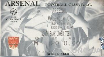 билет Arsenal London,England/Англия- Valencia CF,Spain/Испания 2001 match ticket