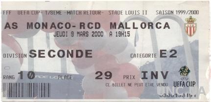 билет AS Monaco, France/Франция - RCD Mallorca, Spain/Испания 2000 match ticket