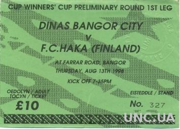 билет Bangor City,Wales/Уэльс-Haka Valkeakoski,Finland/Финлян. 1998 match ticket