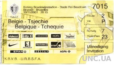 билет Бельгия-Чехия 2001 МТМ / Belgium-Czech Rep. friendly match stadium ticket