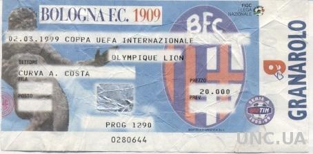 билет Bologna FC,Italy=Италия - Olympique Lyon,France=Франция 1999 match ticket