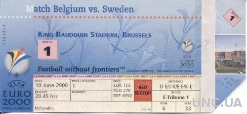 билет ЧЕ Евро-2000 Бельгия-Швеция /Euro 2000 Belgium-Sweden match stadium ticket