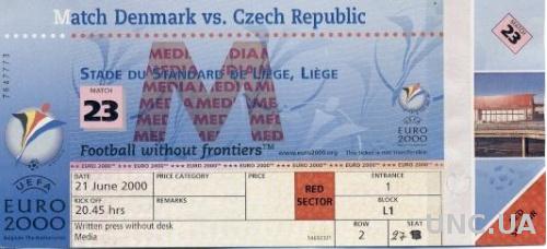 билет ЧЕ Евро-2000 Дания-Чехия /Euro 2000 Denmark-Czech Rep.match stadium ticket
